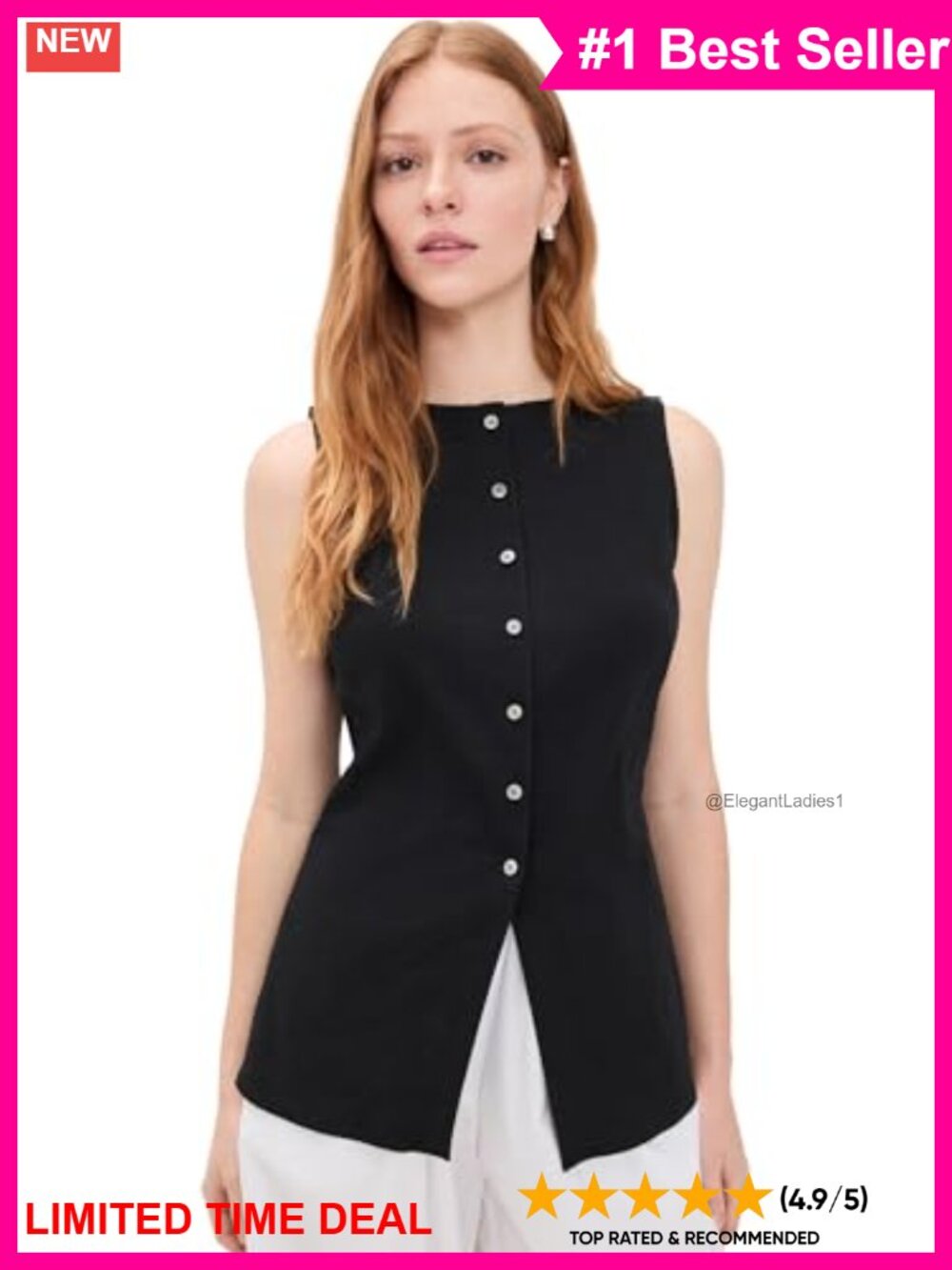 Sleeveless Boat Neck Cutaway Vest Top Button Placket Modern